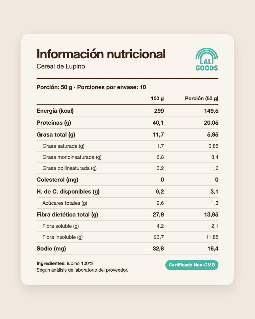 Información nutricional Cereal de Lupino Lali Goods